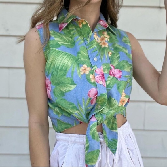 Ralph Lauren 100% Linen Tropical Print Sleeveless Tie Front Cropped Top - Picture 6 of 11